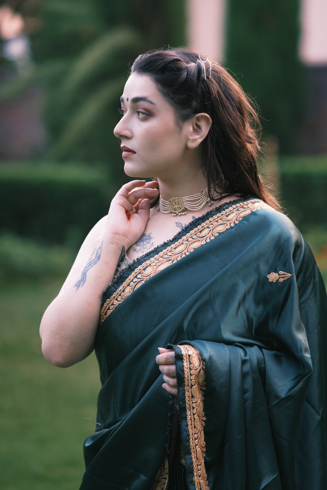 Forest Green Kashmiri Heritage Tilla - Satin Saree