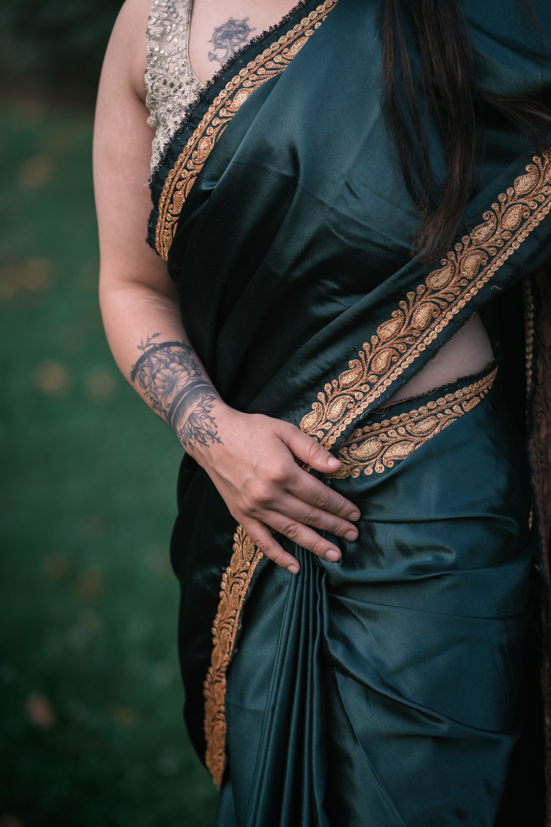Forest Green Kashmiri Heritage Tilla - Satin Saree