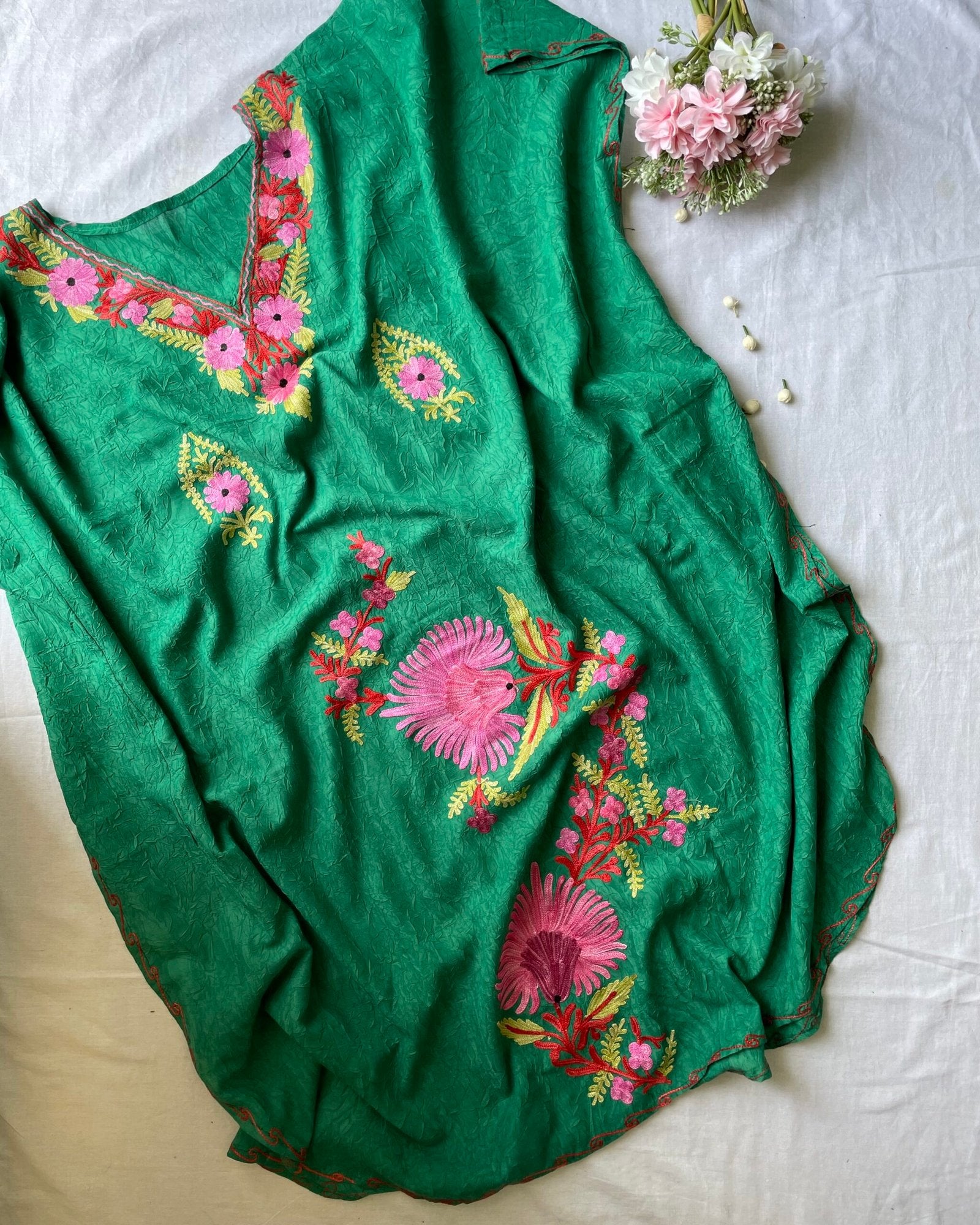 Crushed Cotton Kashmiri Kaftan - Sea Green