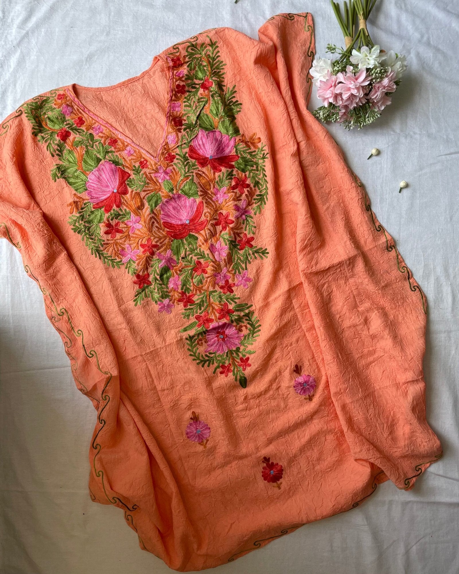 Crushed Cotton Kashmiri Kaftan - Peach