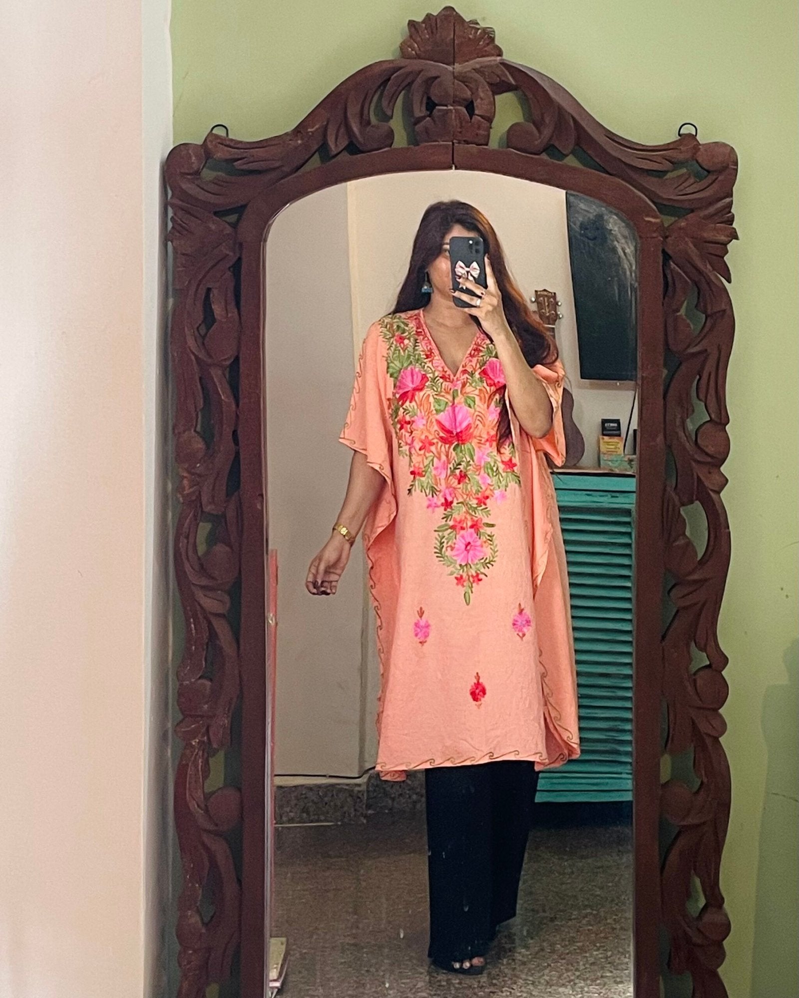 Crushed Cotton Kashmiri Kaftan - Peach