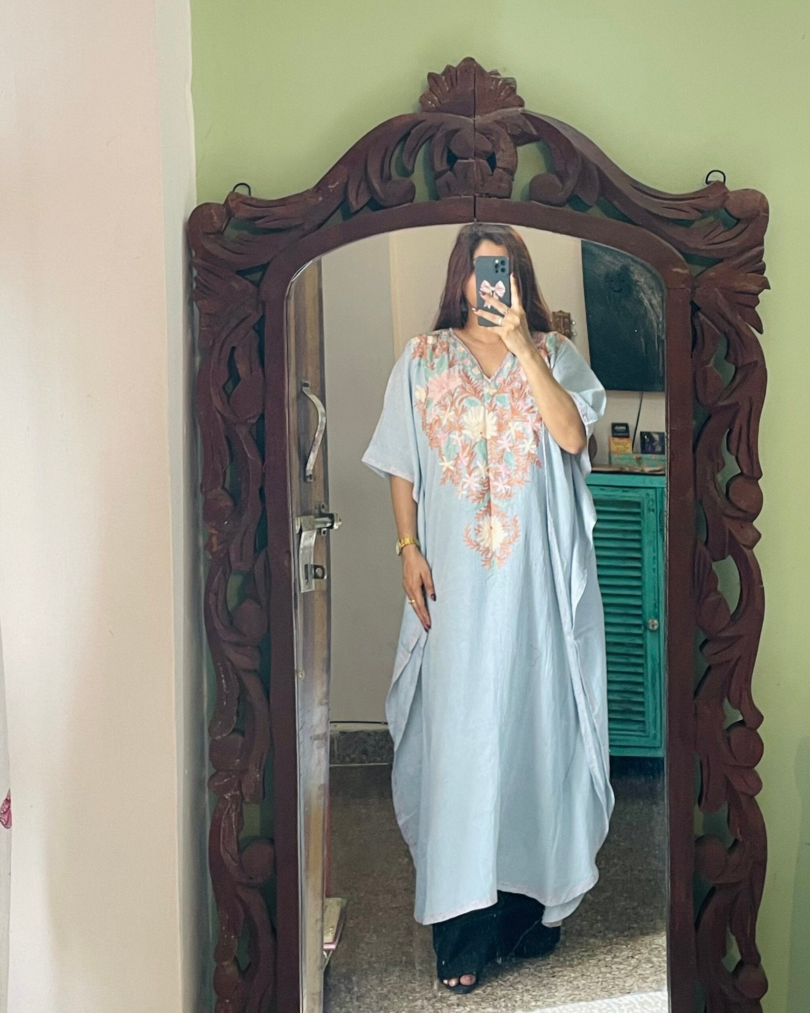 Crushed Cotton Kashmiri Kaftan - Light Grey