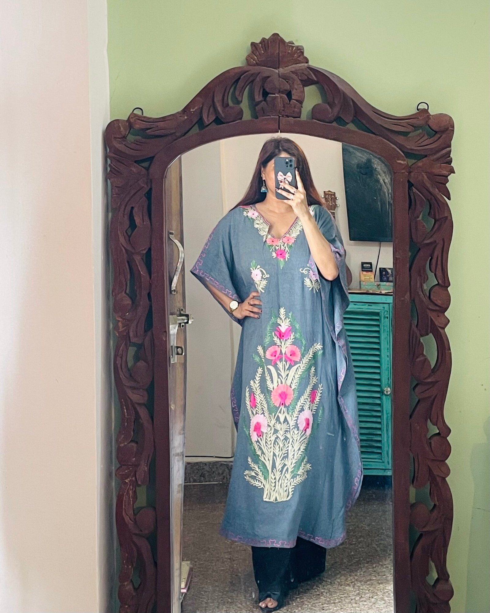 Crushed Cotton Kashmiri Kaftan - Grey