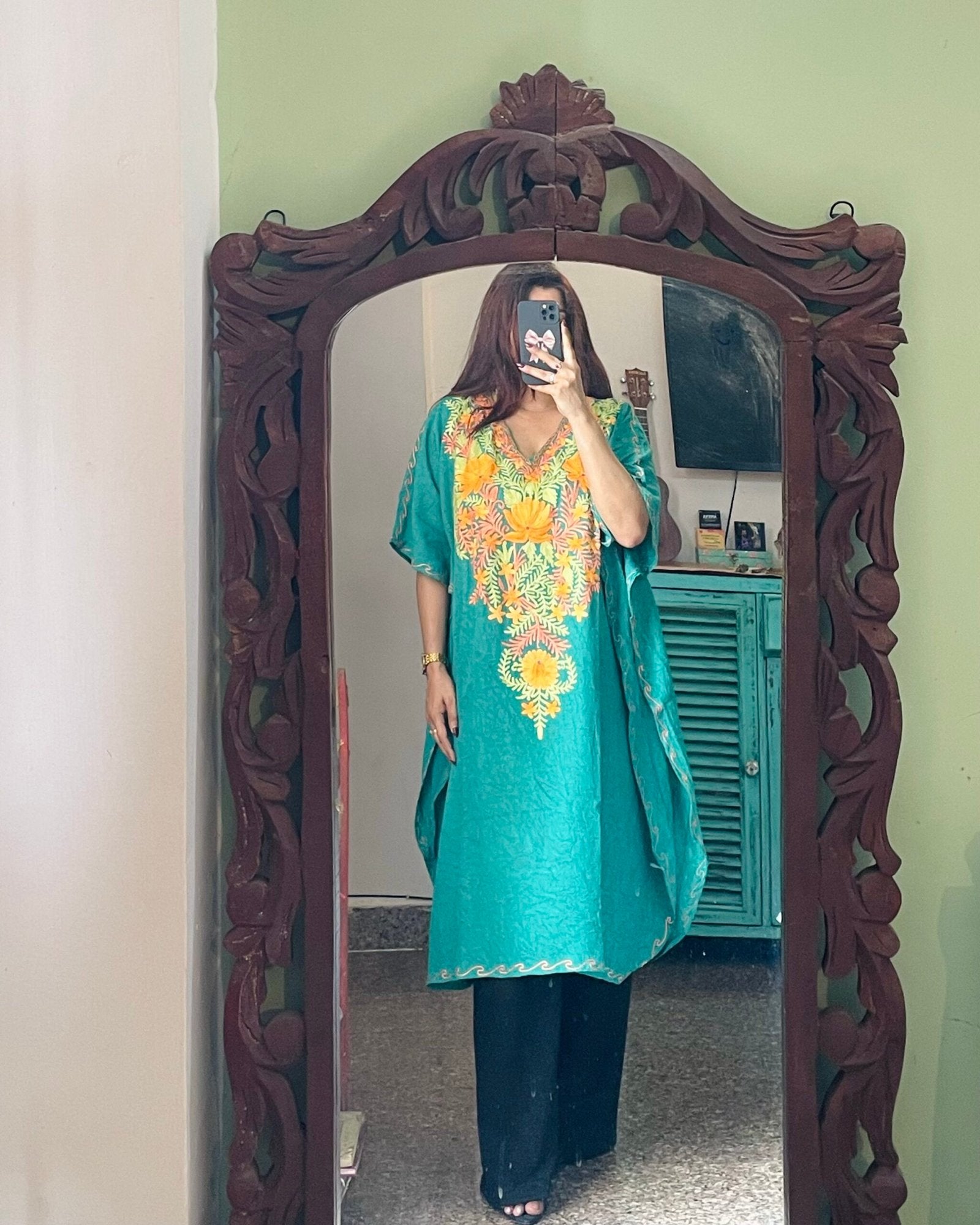 Crushed Cotton Kashmiri Kaftan - Sea Green