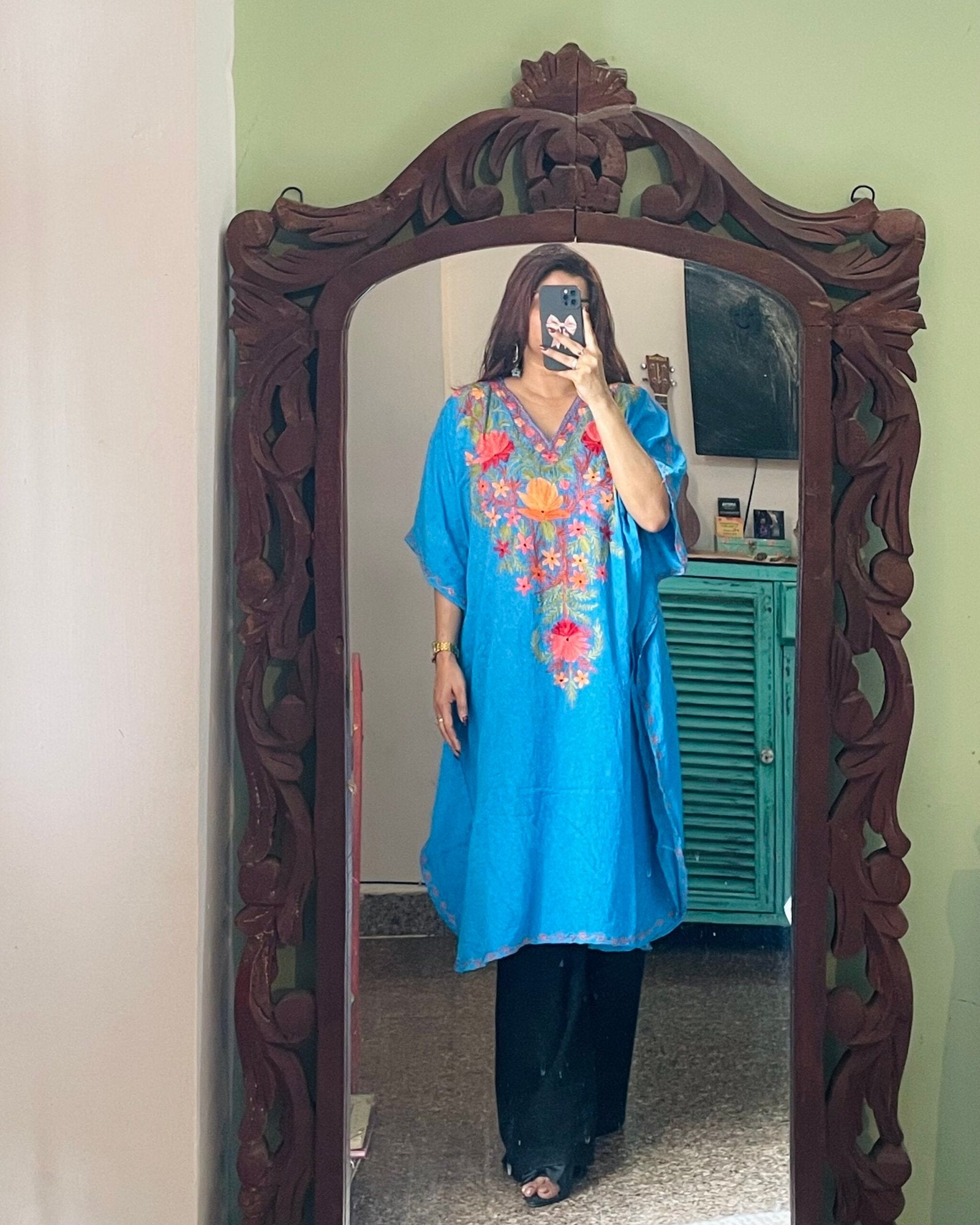 Crushed Cotton Kashmiri Kaftan - Bright Blue