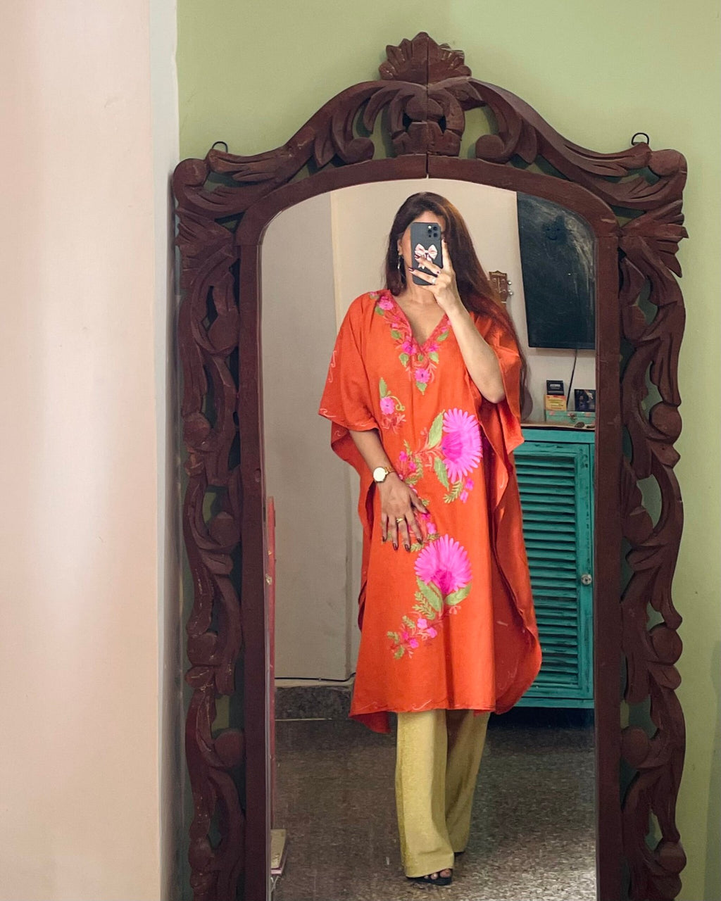 Crushed Cotton Kashmiri Kaftan - Rust