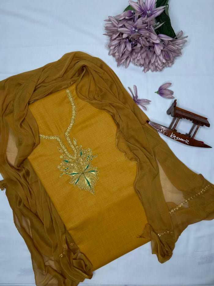 Soft Summer Cotton Unstitched Suit, Embroidered with Kashmiri Tilla Work – 3pc Set
