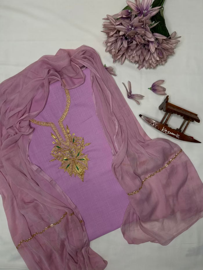 Soft Summer Cotton Unstitched Suit, Embroidered with Kashmiri Tilla Work – 3pc Set