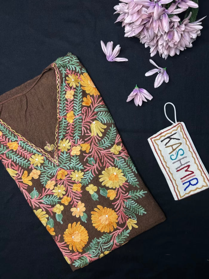 Crushed Cotton Kashmiri Kaftan - Chocolate Brown