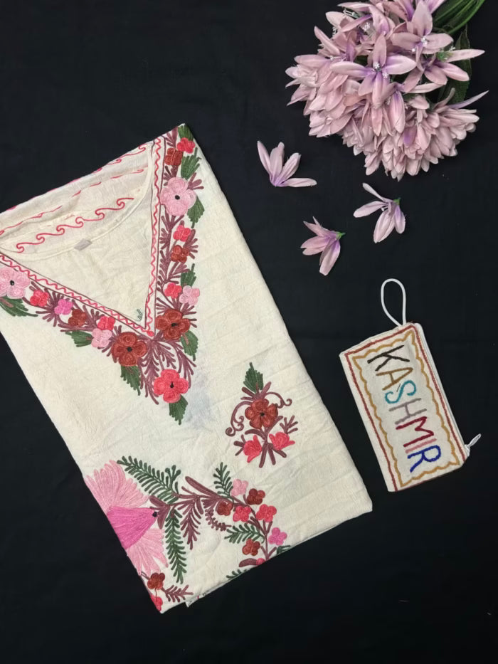 Crushed Cotton Kashmiri Kaftan - Off White
