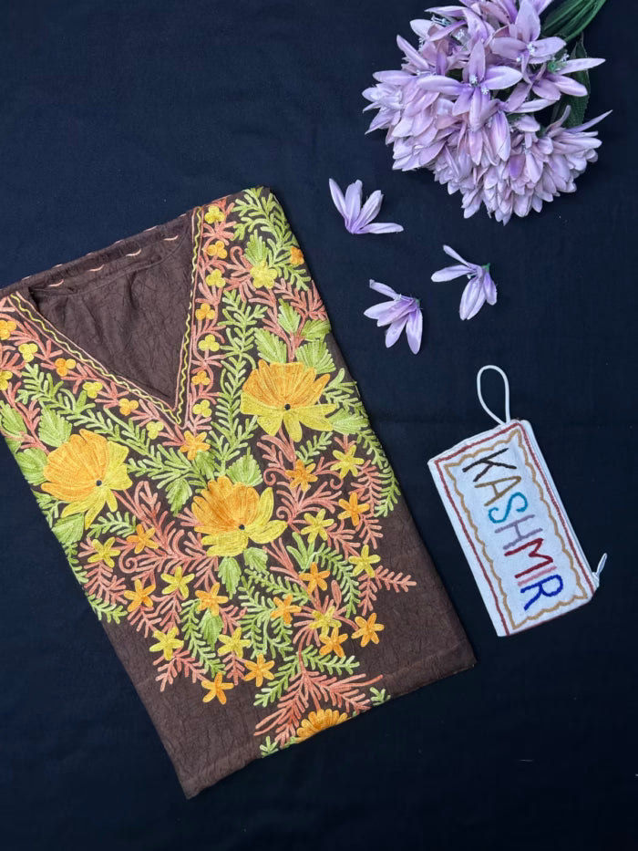 Crushed Cotton Kashmiri Kaftan - Chocolate Brown
