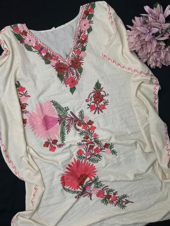 Crushed Cotton Kashmiri Kaftan - Off White
