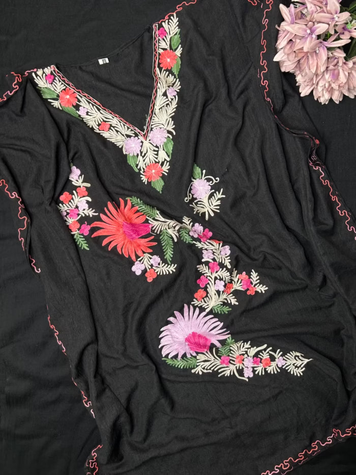 Crushed Cotton Kashmiri Kaftan - Black