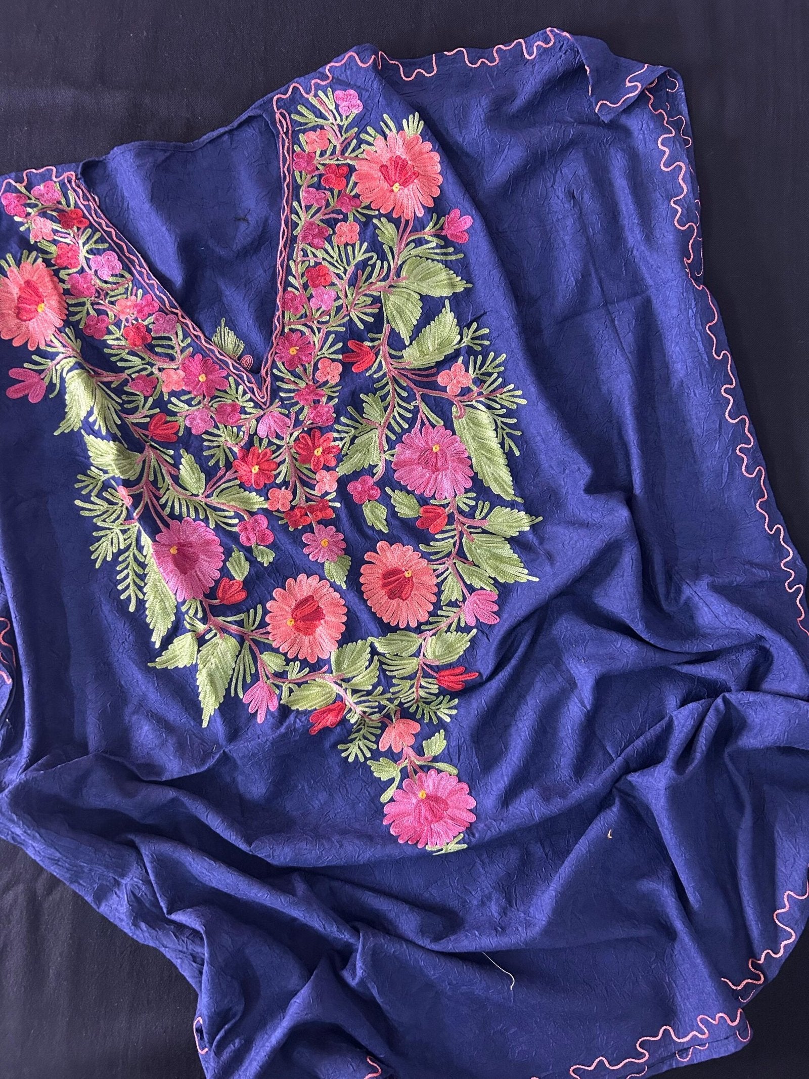 Crushed Cotton Kashmiri Kaftan - Navy Blue