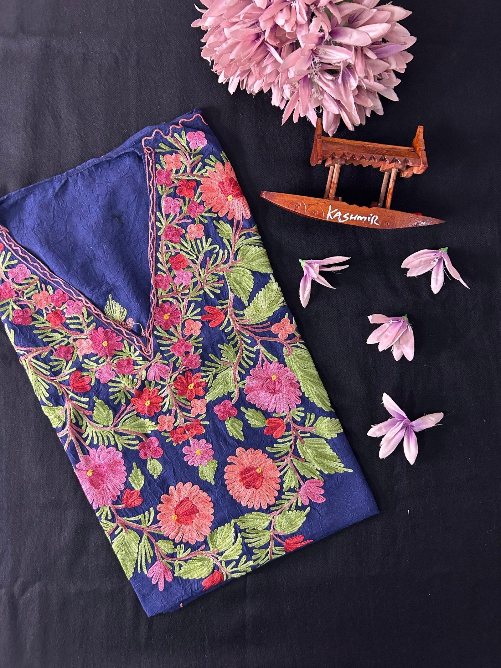 Crushed Cotton Kashmiri Kaftan - Navy Blue