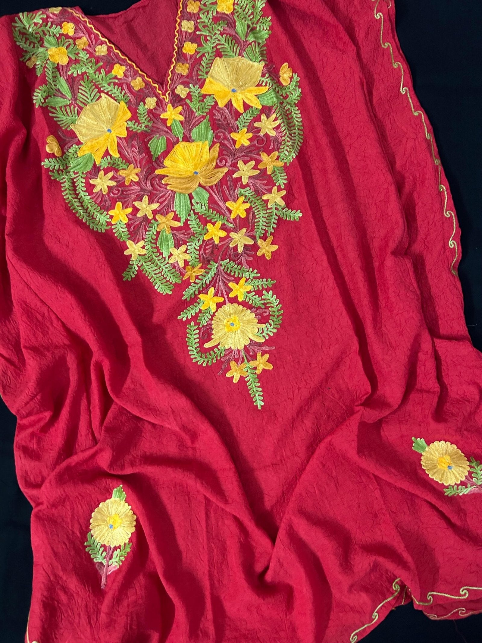 Crushed Cotton Kashmiri Kaftan - Red