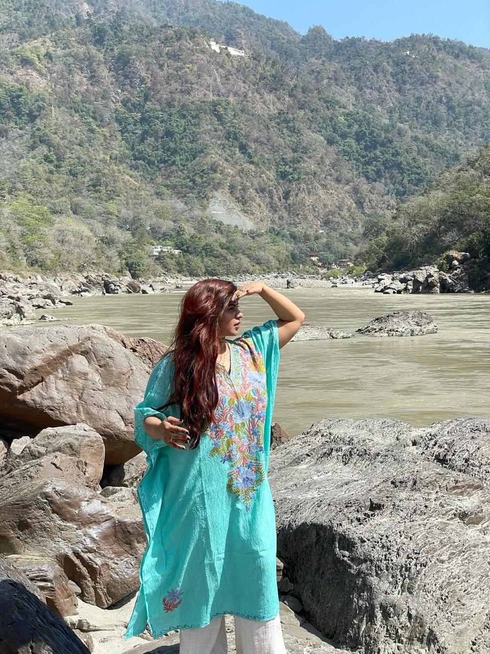 Crushed Cotton Kashmiri Kaftan - Sky Blue