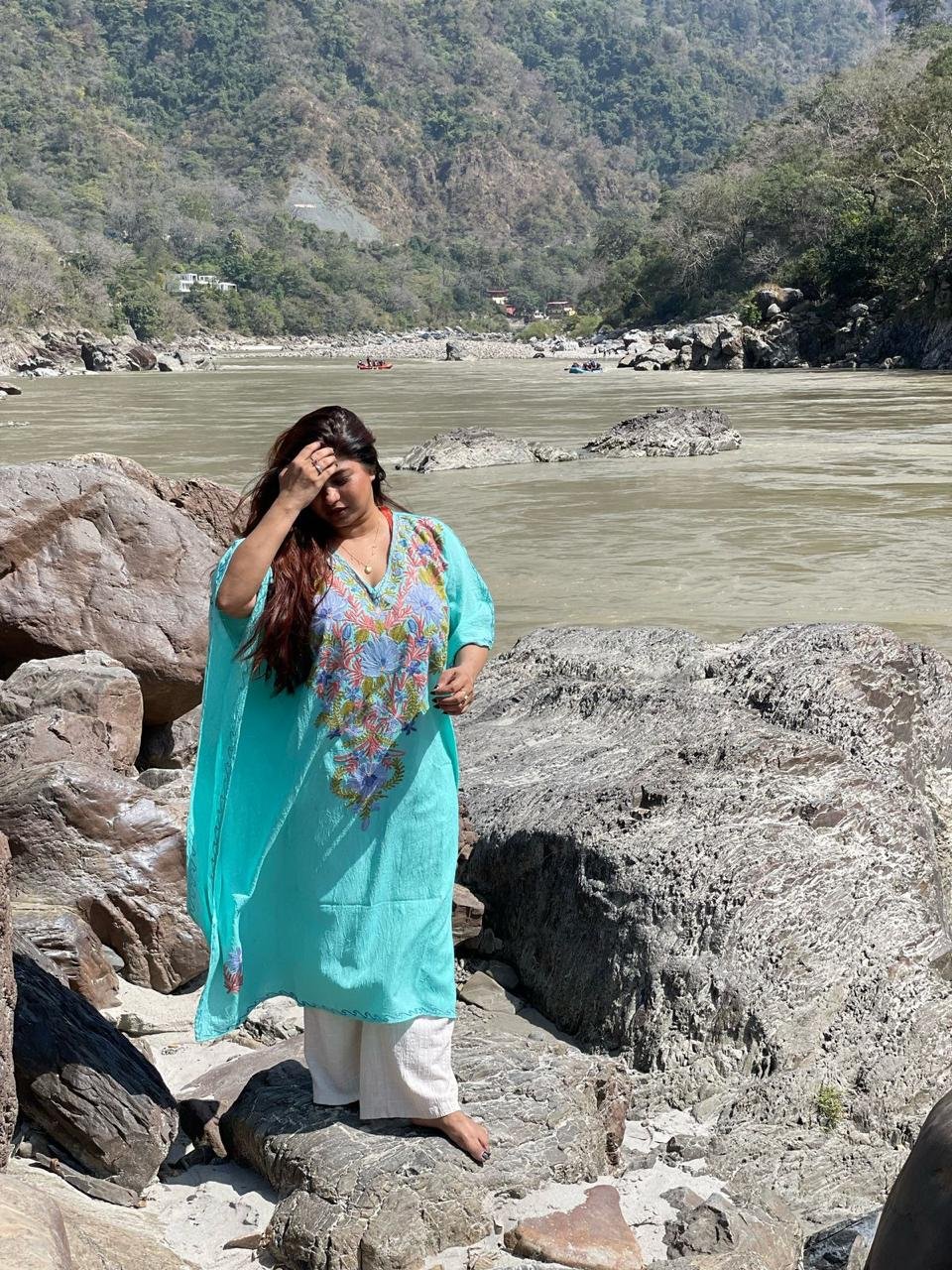 Crushed Cotton Kashmiri Kaftan - Sky Blue