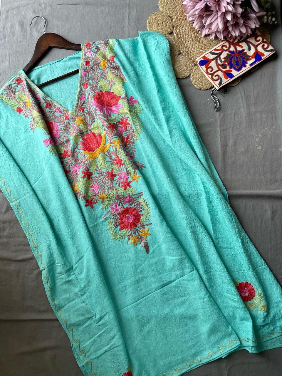 Crushed Cotton Kashmiri Kaftan - Sky Blue