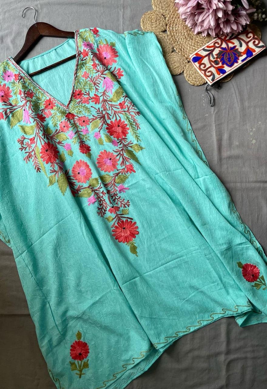 Crushed Cotton Kashmiri Kaftan - Sky Blue