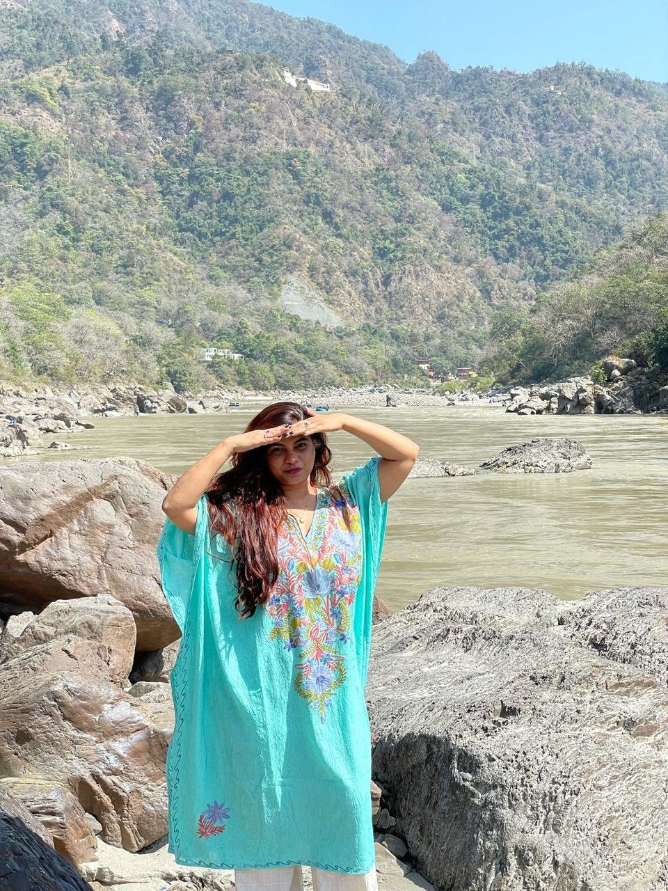 Crushed Cotton Kashmiri Kaftan - Sky Blue