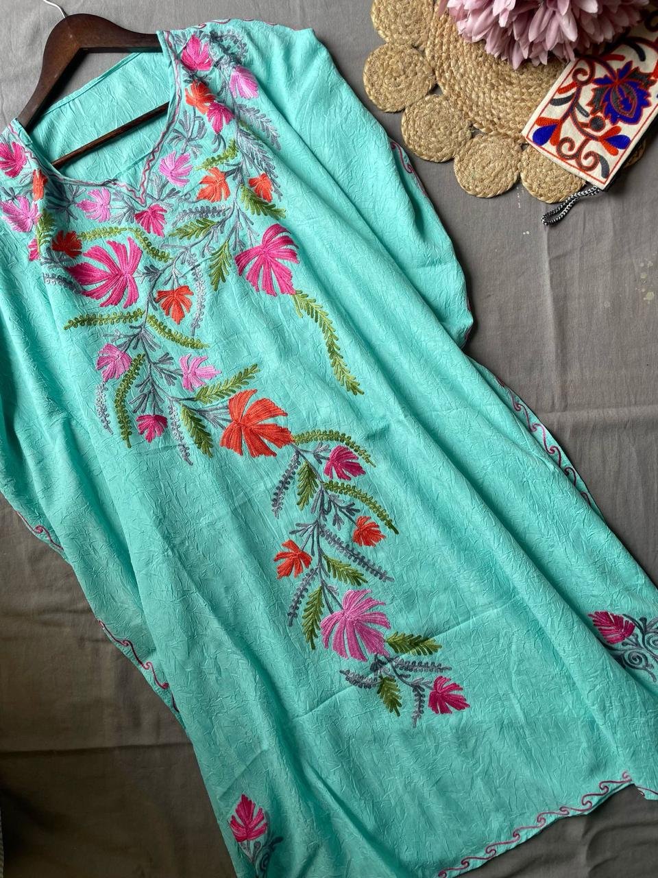 Crushed Cotton Kashmiri Kaftan - Sky Blue
