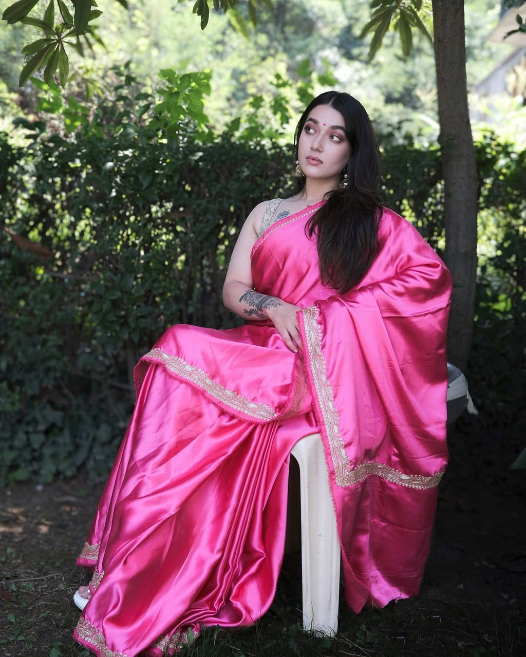 Barbie Pink Kashmiri Heritage Tilla - Satin Saree