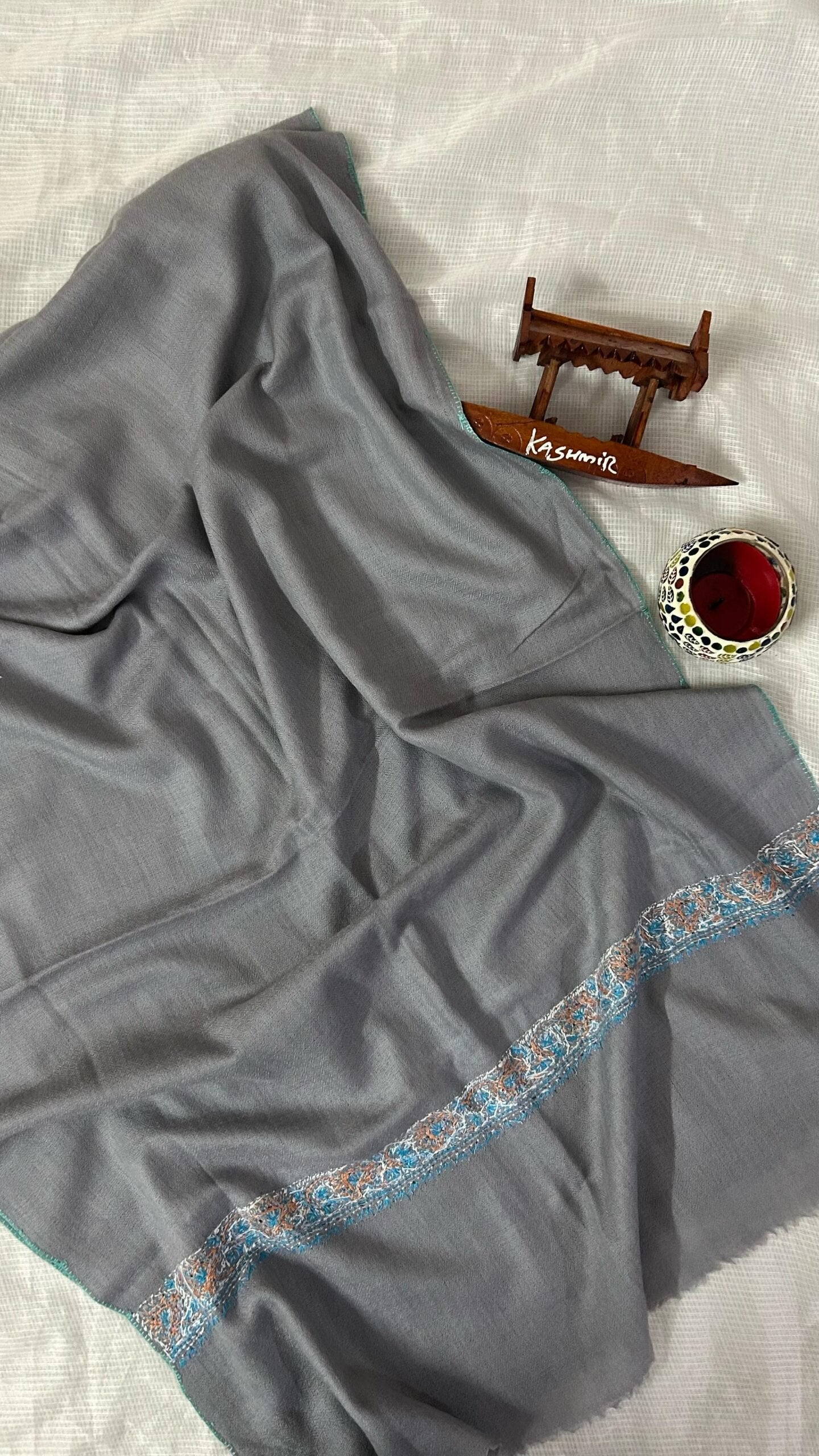 Semi Pashmina Wool Stole with Hand-Embroidered Sozni