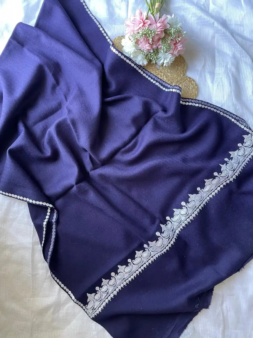 Pure Wool Kashmiri Tilla Stoles - Navy Blue