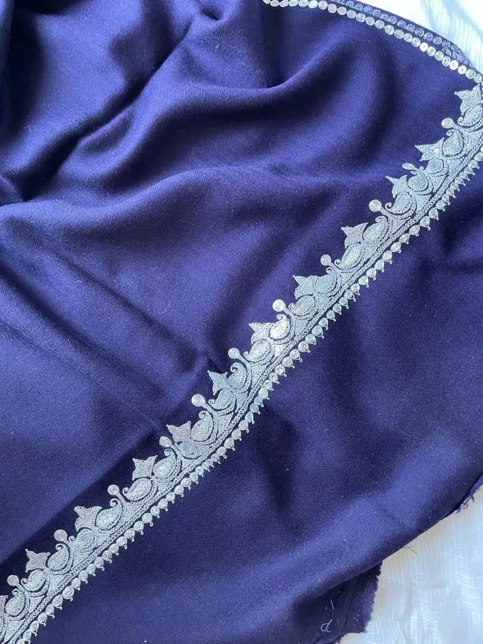 Pure Wool Kashmiri Tilla Stoles - Navy Blue