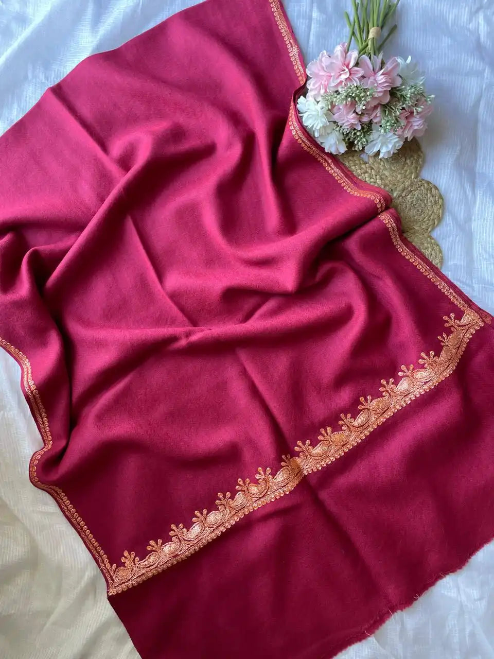 Pure Wool Kashmiri Tilla Stoles - Maroon