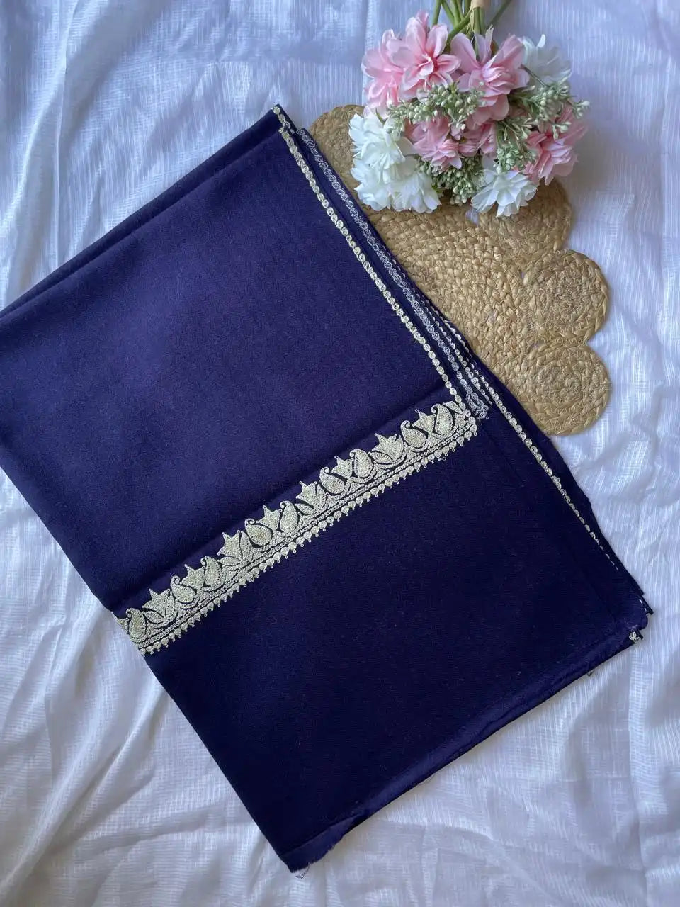 Pure Wool Kashmiri Tilla Stoles - Navy Blue