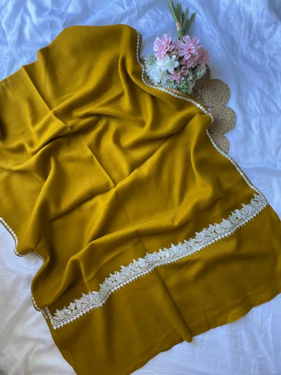 Pure Wool Kashmiri Tilla Stoles - Mustard