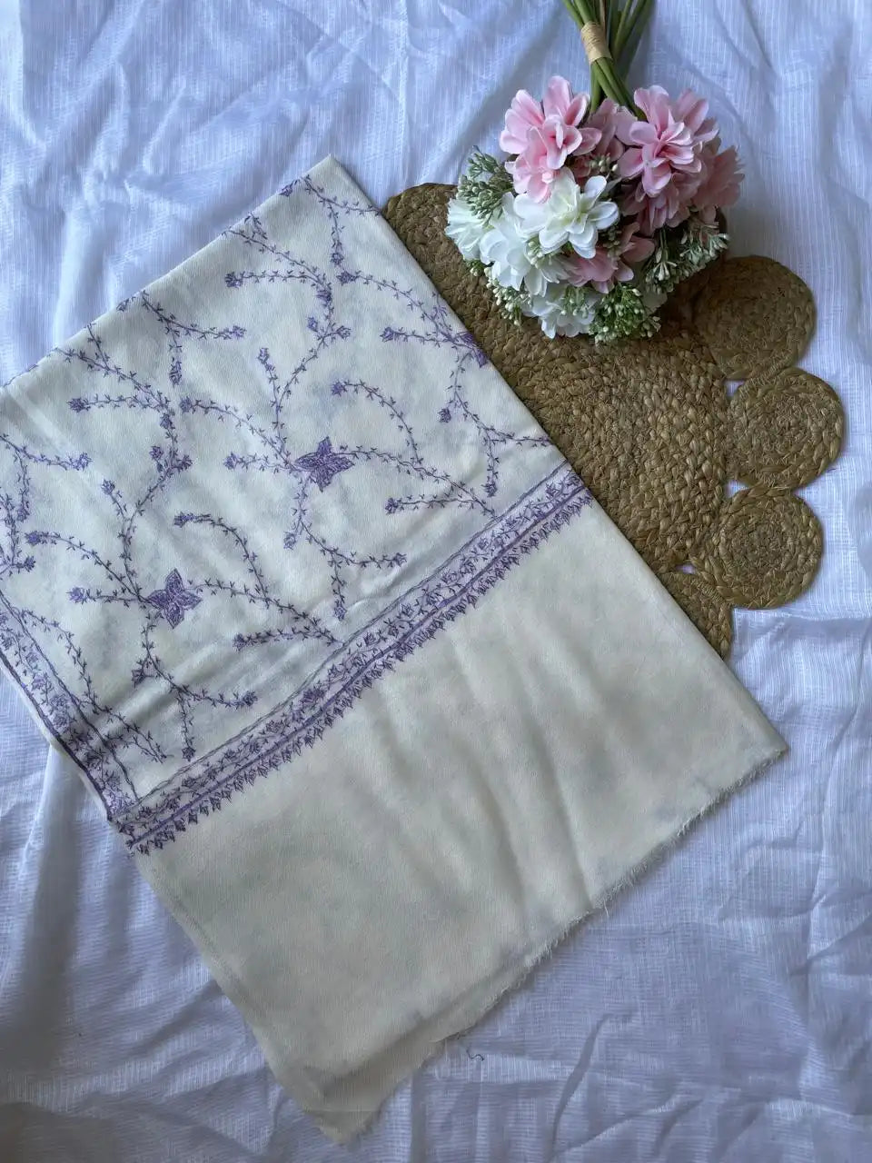 Pure Wool Kashmiri Sozni Stoles - Cream