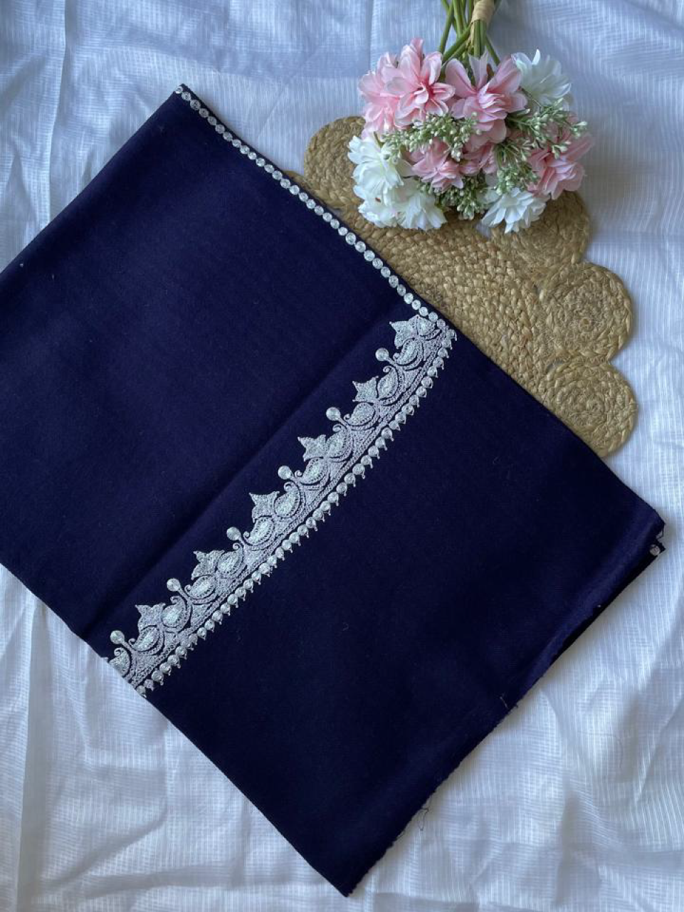 Pure Wool Kashmiri Tilla Stoles - Navy Blue